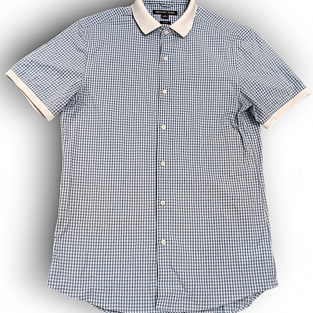 Michael Kors Mens Small Blue and White Checkered Casual Button Down Shirt